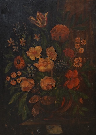 Early 20th century School, pair of oils on canvas, Still lifes of flowers, unsigned, 69 x 49cm. Condition - poor to fair